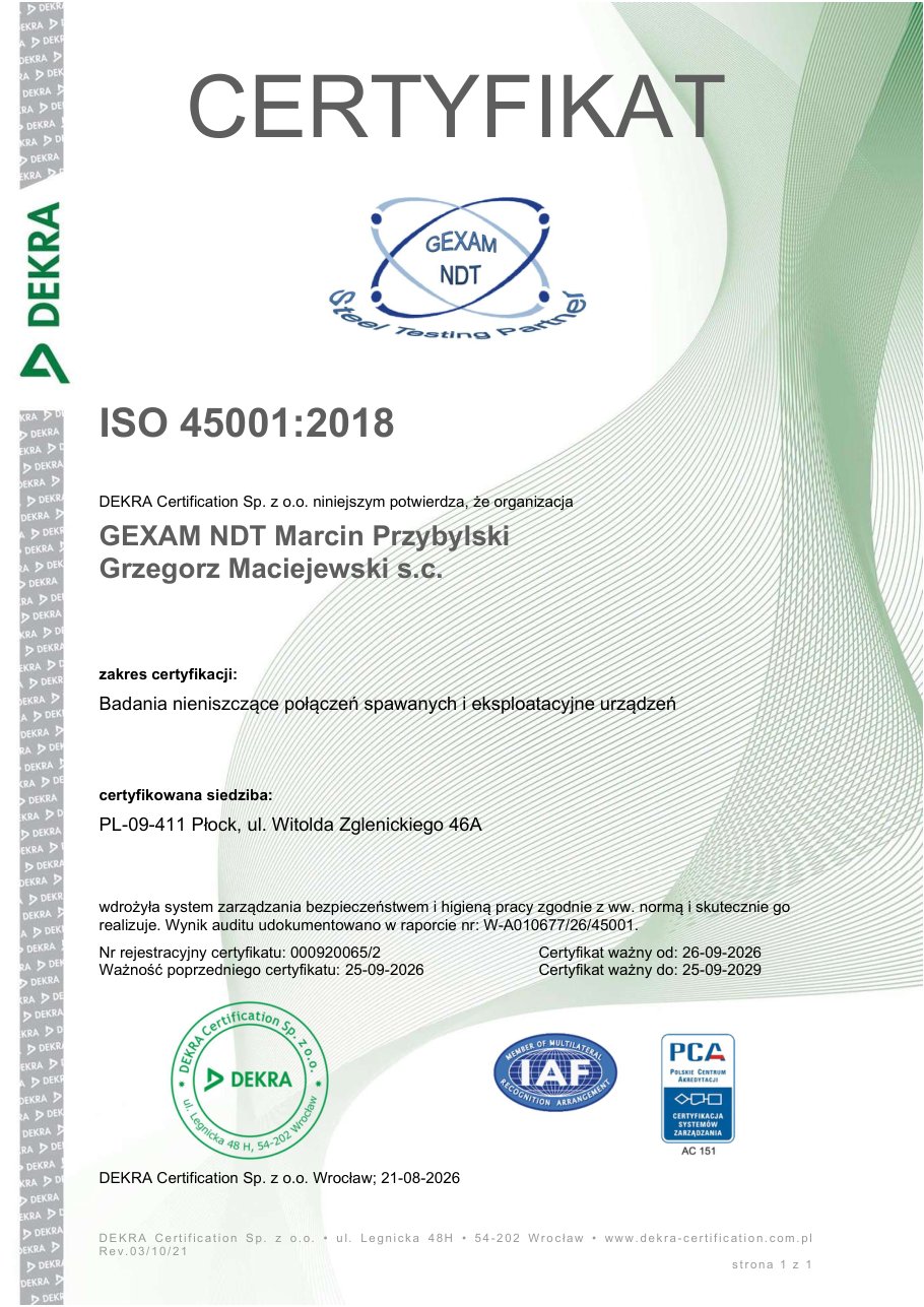 Certyfikat ISO 45001:2018 DEKRA