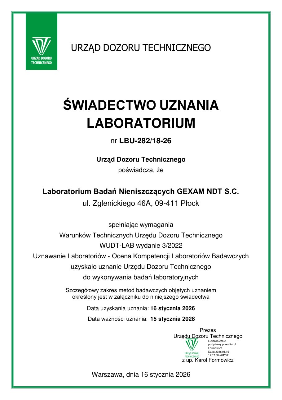 Świadectwo uznania laboratorium UDT